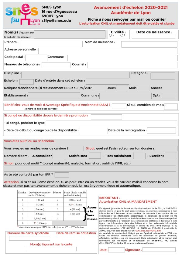 Fiche syndicale « Avancement d'échelon 2020-2021 » à retourner au SNES