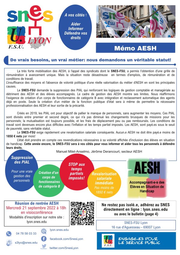 Mémo de rentrée « AESH » : Septembre 2022